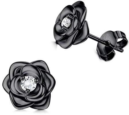 JeweBella Petites Boucles d'Oreilles Fleurs en Argent Sterling 925 pour Femme Fille Hypoallergéniques Boucles d'Oreilles Roses avec 5A+Zircone Cubique Clous d'Oreilles Argent/Or/Or Rose/Noir