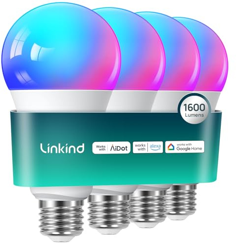 Linkind Smart Light Bulbs, 1600LM (100W Equivalent) A21 Smart Bulb, Compatible with Alexa & Google Home, 14W E26 RGBTW Color Changing Bulb with Music Sync, 2.4GHz Wi-Fi & Bluetooth, 4Pack