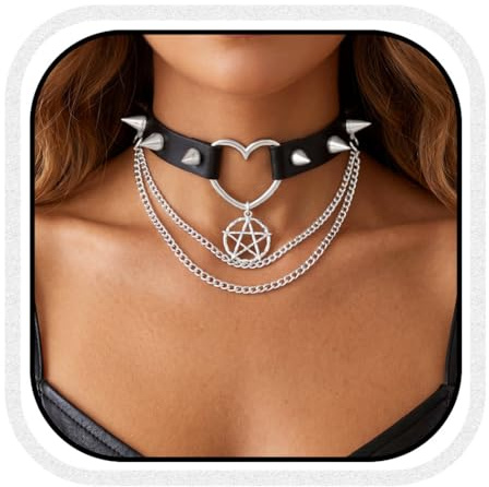 Zoestar Collier ras du cou en cuir punk noir gothique Collier ras du cou à pointes en forme de cœur pour femme