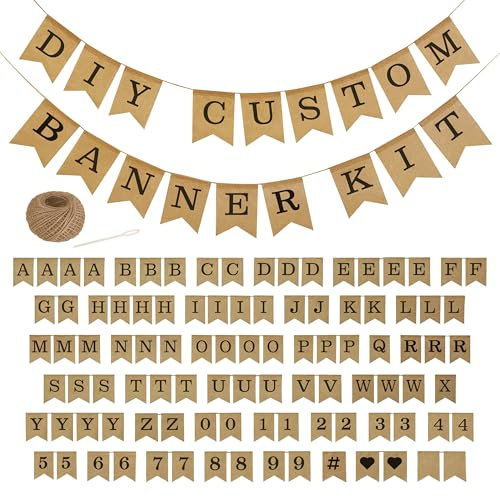Pre-Printed Banner Kit – 97 BURLAP Flags with BLACK Letters, Numbers & Symbols, Reusable DIY Custom Banner, Make Your Own Personalized Party Banner, Faux Burlap, Includes Twine & 2 Needles