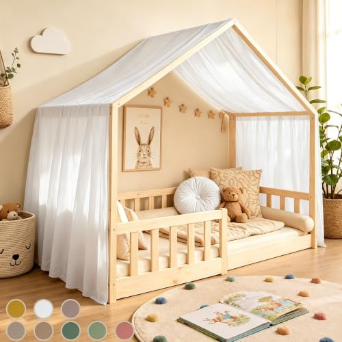 Hook Hausbett Himmel Deko Set, Betthimmel Hausbett aus Musselin - 1 Betthimmel & 1 Wimpelkette, für Jungen Mädchen Deko für Kinderzimmer, Baldachin Kinderzimmer Deko I 135 x 360cm Weiß