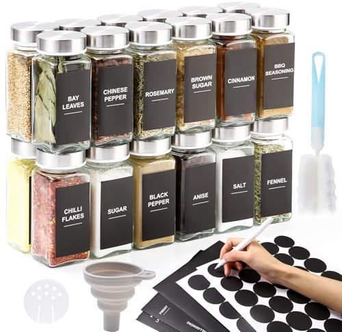 LUFEVRM Gewürzgläser Eckig Set,24×120ml Gewürzbehälter Glas,Gewürzdosen mit 300 Etiketten,Gewürzgläser mit Streueinsatz,Für Küche Gewürze Aufbewahrung,Gewürzregal,Schublade (Deckel aus Edelstahl)