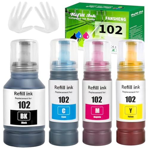 FANSHENG 102 Inchiostro Compatibile con Epson 102 Flaconi di Inchiostro per Ecotank ET-2750 ET-4750 ET-4850 ET-3850 ET-2756 ET-2751 ET-2850 ET-2856 ET-3700 ET-3750 ET-4856 ET-15000 (4 Pack BK/C/M/Y)