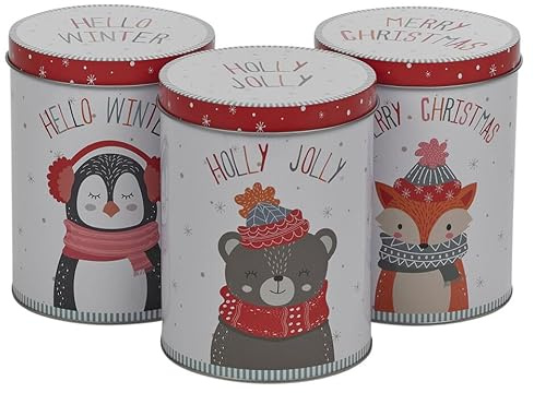URBN-CHEF 3 pc Christmas Storage Tin Set - 1L Containers for Biscuits, Coffee, Sugar, Tea & Condiments