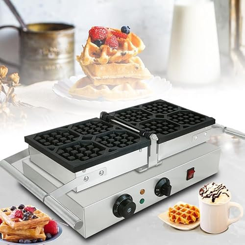 1600 W Commercial Waffle Machine, 122~572℉ Adjustable Temperature Control, Double-sided Heating Nonstick Waffle Maker, Electric Rotating Waffle Maker, Cool Touch Handle, for Restaurant, Snack Bars