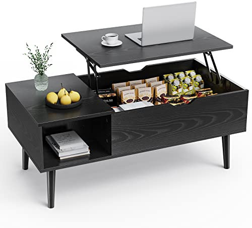 Sweetcrispy Couchtisch Höhenverstellbar, Tisch Wohnzimmertisch, offener und versteckter Stauraum Couchtisch, Sofatisch Beistelltisch, 100 x 50 cm Sofatisch aus Holz für Wohnzimmer, Schwarz