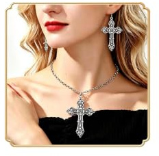 Dishowme 3Pcs Gothic Kreuz Halskette Ohrringe Sets Vintage Punk Vampir Kruzifix Halskette Schmuck Sets für Damen Frauen Religiös Christ beten (Silber)