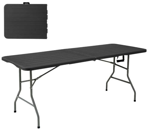 LOLAhome Mesa Plegable 180x74 cm, Efecto Madera Gris Oscuro, Acero y HDPE