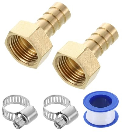 sourcing map 2Pcs Brass Hose Barb Fittings, 3/8 Barb x G3/8 Female Thread Hose Connector with Hose Clamps for Water Fuel Gas Oil Transportation and Pipeline Maintenance