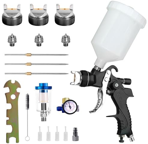 HVLP Air Spray Gun with 600ml Cup, 1.4/1.7/2.0mm Nozzles Paint Sprayer, Automotive Spray Gun With Air Pressure Regulator and Filter for Cars & House DIY Painting (Black)