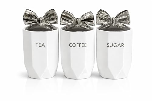 SHABJY White Silver 3pcs Marble Effect Ceramic Tea, Coffee & Sugar Canisters 15x11cm Kitchen Storage Jars with Silver Bow Lid Crystal Style Containers for Home Décor, Dining Table & Gift Set