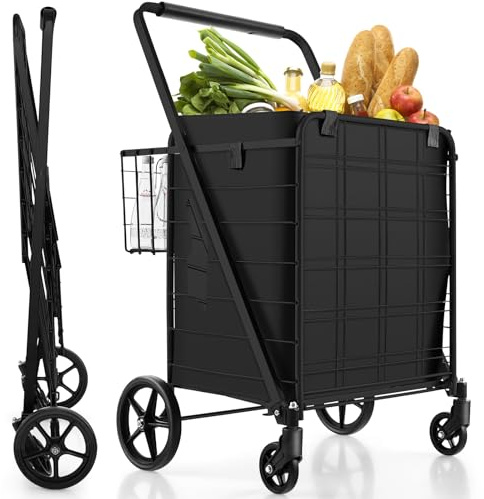 GYMAX Carrello Porta Spesa, Carico 100 kg, 100+22 L, 4 Ruote (2 Ruote Universali), Trolley Pieghevole, in Metallo, 64 x 66 x 103 cm (Nero con Borsa)