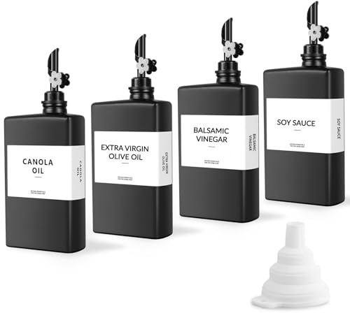 Skleptix 4-pack fyrkantiga glas oljedispenser, svart köks olivoljaflaska med plommonformad automatiskt öppnande häll, olje- och vinägerdispenser set med silikon tratt och 40 vattentät