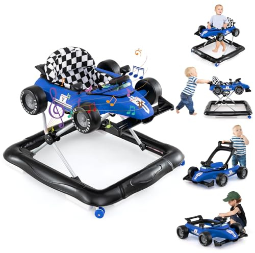 GOPLUS 4-in-1 Lauflernwagen, Lauflernhilfe für Babys mit 3-fach einstellbarer Höhe, abnehmbarem Musiktablett, gepolstertem Sitz, Baby Walker zusammenklappbarer, für 6–12 Monate alte Kinder (Blau)