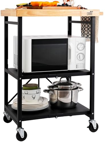 Mythinglogic Foldable Kitchen Storage Cart, 3-Tier Rolling Cart with Solid Oak Top, Heavy-Duty Metal Utility Rack for Microwave, Pots, Dish Set, Meal Prep Area, Kitchen Island on Lockable Wheels