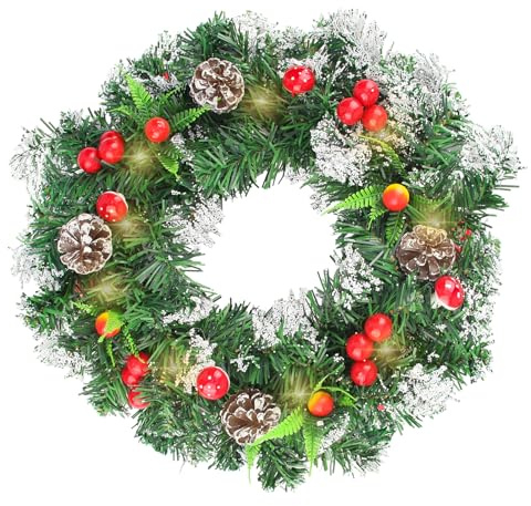 Vaskula Weihnachtskranz 40 cm Künstlicher Weihnachtskranz mit Beeren und Tannenzapfen Pilz Schneeflocken Lichterkette Türkranz Weihnachten für Kamin Wanddekoration Tür Fenster Ornament