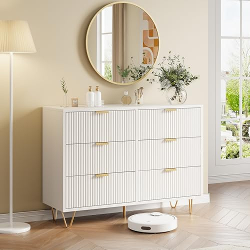 QSFCUB Commode Blanche 6 Tiroirs, Commode Chambre Adulte Bois, Meuble Tiroir avec 6 tiroirs, Meuble de Rangement Chambre Scandinave pour Salon, Chambre et Entrée(Blanc, 6 Tiroirs, 100x34x73)