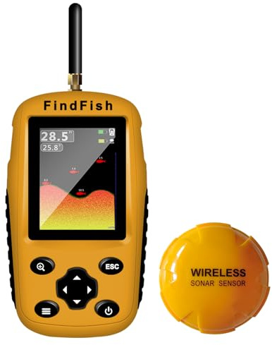 ESANHAO Fischfinder Wireless Fish Finder für Boote, Angeln im Kajak Echolot mit Tiefenmesser, Fischgröße, Wassertemperatur, Bodenkontur, LCD Bildschirm Schwarz/Weiß Modell