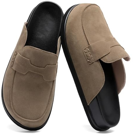 Kvinnors mocka träskor, bekväm plattform slip-on rygglösa stängda tåmulor, halkfria täpptofflor, casual Penny loafers skor, Khaki, 40 EU