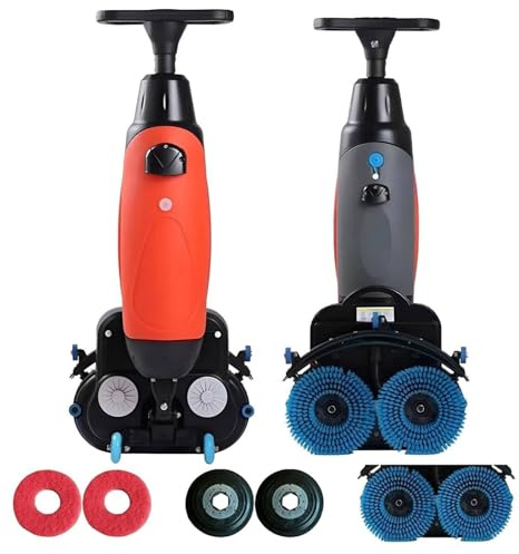 ZHIXUMM 17 Walk Behind Floor Scrubber Dryer Machine, Floor Polisher, Cleaner, Buffer and Electric Scrubber Machine with Reusable Pads, 90-120 Min Battery, 350 RPM, Deep Cleaning Tile and Grout Red