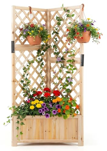 COSTWAY Letto da Giardino Rialzato ad Angolo con Traliccio e Fori di Drenaggio, Fioriera in Legno Elevata per Piante Rampicanti, Fiori e Verdure, Ideale per Interno ed Esterno (Naturale)