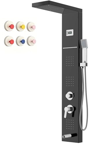 Colonne de Douche Hydromassante STANEW,Affichage LED la Température,Robinet 5 Fonctions,Pluie, Cascade,Massage, Bec de Baignoire et Pomme de Douche avec Tuyau,Acier Inoxydable Brossé 1100 mm (Noir)