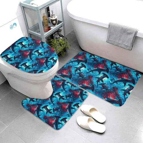 Set di 3 tappeti da bagno con stampa di squali martello, assorbenti, antiscivolo, lavabili, a forma di U, tappetino per il contorno del WC, tappetino per doccia, tappetino da bagno per WC e vasca da