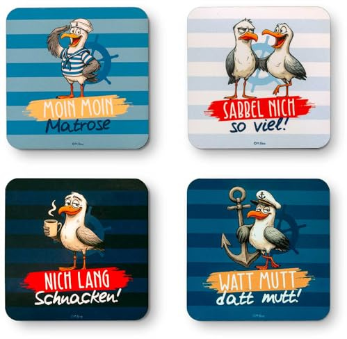 Premium-Untersetzer mit Korkrückseite im 4er-Set - Typisch norddeutsches Souvenir mit Möwen-Motiven - Untersetzer mit lustigen Motiven - 95x95mm- Hochglanzverpackung-