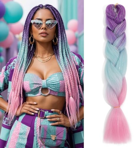 Meches pour Tresses Africaine Ombre Rajout Cheveux Tresses 60cm Extension Cheveux en Fibre Synthétique Knotless Jumbo Braids Meches pour Crochet Twist Tressage, 1PC Violet/Bleu/Rose avec Paillettes