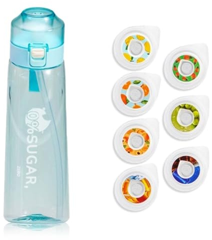 Generico Borraccia sportiva da 650 ml con capsule in 7 gusti diversi. Il materiale Tritan è resistente alle alte temperature e garantisce un sapore naturale di frutta （Blu trasparente）