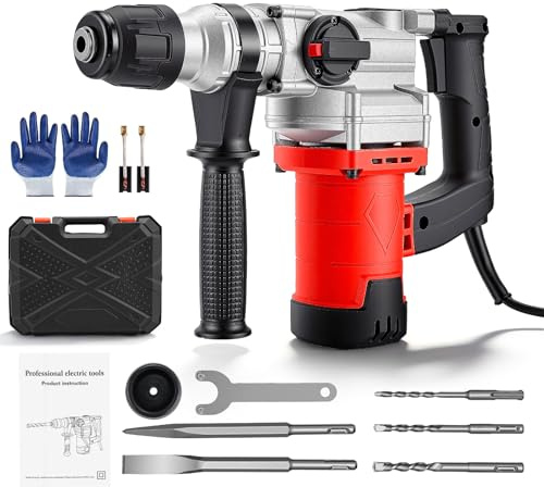 Marteau Perforateur SDS-Plus 2200W 3-en-1 5 Têtes Sécurité Anti-Blocage | 3-en-1 Perçage, Burinage, Cisaillement, 2200W, Béton Armé, Retrait Carrelage, 5 Têtes, Embrayage Sécurité Anti-Blocage