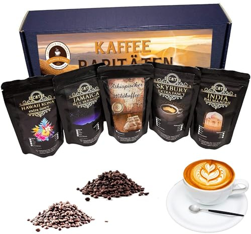 C&T edles & hochwertiges Kaffee Geschenkset | 5 exklusive Kaffeeraritäten á 80g Ganze Bohne | Geschenkidee für Männer & Frauen mit Hawaii Kona + Jamaica Blue Mountain + Äthiopischer Wildkaffee