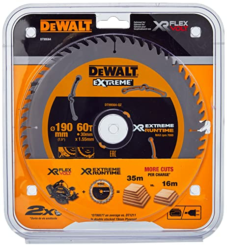DEWALT Lames de Scie Circulaire Portative 60 Dents XR EXTREME RUNTIME 190mm x 30mm DT99564-QZ