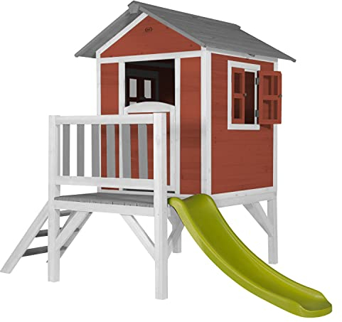 AXI Spielhaus Beach Lodge XL in Rot mit hellgrüner Rutsche | Stelzenhaus aus FSC Holz für Kinder | Kleiner Spielturm für den Garten..