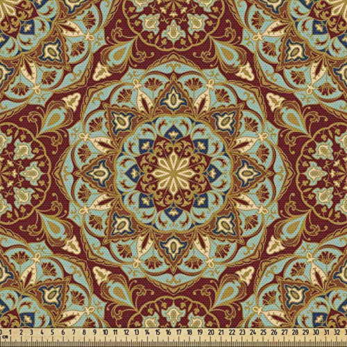 ABAKUHAUS Mandala Gewebe als Meterware, Mittelalterliches Mosaik-Design, Schön Gewebten Stoff für Polster und Wohnaccessoires, 1M (148x100cm), Hellblau Kastanienbraun