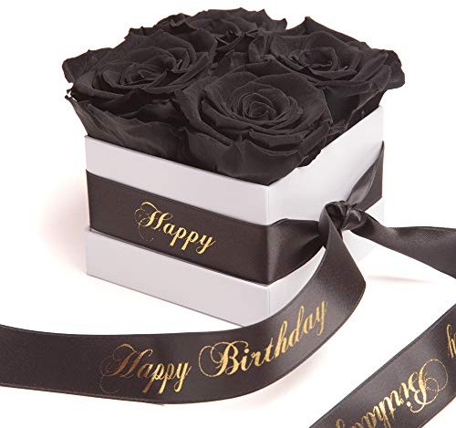 ROSEMARIE SCHULZ Heidelberg Flowerbox Happy Birthday - Weiße Rosenbox mit Infinity Rosen haltbar 3 Jahre - Geburtstagsgeschenk für Frauen (Happy Birthday, Weiß-Schwarz)