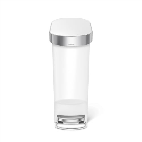 simplehuman 40L Slim Kitchen Pedal Bin with Liner Rim, Silent Soft Close Lid, White Plastic, W 51.30cm x H 61.50cm x D 26.00cm