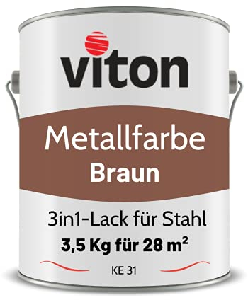 Viton Metallfarbe in Braun - 3,5 Kg Metall-Schutzlack Seidenmatt - Dauerhafter Schutz & hohe Beständigkeit - 3in1 Grundierung & Deckfarbe - Metalllack direkt auf Rost - KE31 - RAL 8002 Signalbraun