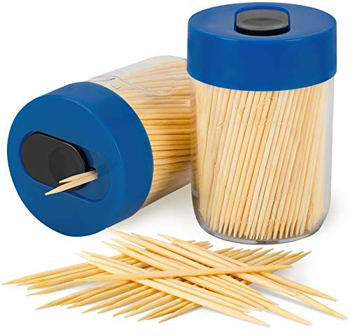 Urbanstrive Sturdy Safe Toothpick Holder with 800 Natural Wood Toothpicks for Teeth Cleaning, Unique Home Design Decoration, Unusual Gift, 2 Pack (Blue)