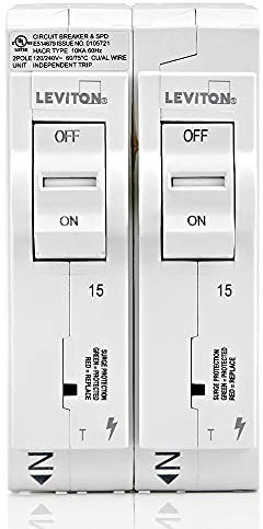 Leviton LSPD1-T Dispositif de protection contre les surtensions avec deux disjoncteurs à branchement standard 15 A 1 pôle, magnétiques, 120/240 VAC, blanc