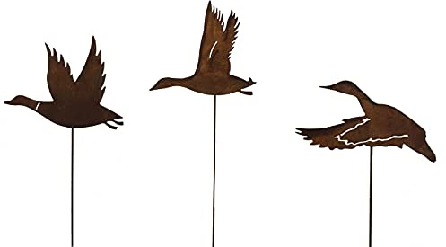 Bornhöft Gartenstecker Fliegende Enten 3er Set Metall Edelrost Gartendeko Gartenstecker 140cm rostige Gartendekoration Naturrost