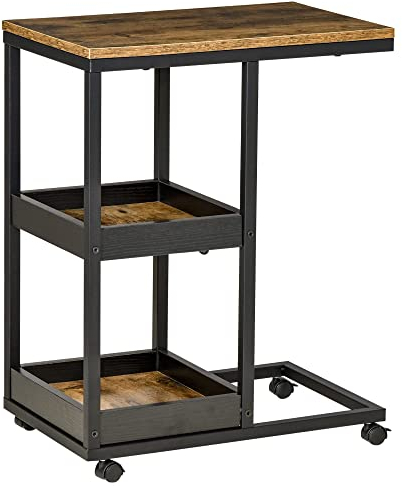 HOMCOM Mobile Sofa Side Table, Industrial C-Shaped Rolling Table with 3-Tier Storage Shelving, Four Lockable Wheels Steel Frame, Dark Brown