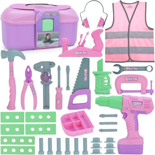 Magic4U Kids Tool Set,Toddler Toolbox with Electric Drill Working Vest