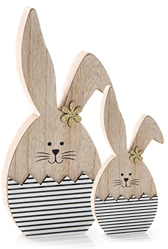 Logbuch-Verlag Osterdeko Set - 2 Osterhasen aus Holz 14 cm + 20 cm Natur weiß schwarz gestreift - Deko Ostern zum Hinstellen