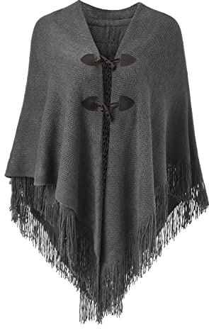 Ferand Poncho de Frente Abierto para Mujer, Chal Holgado con Flecos para Otoño Invierno - talla única - Gris oscuro