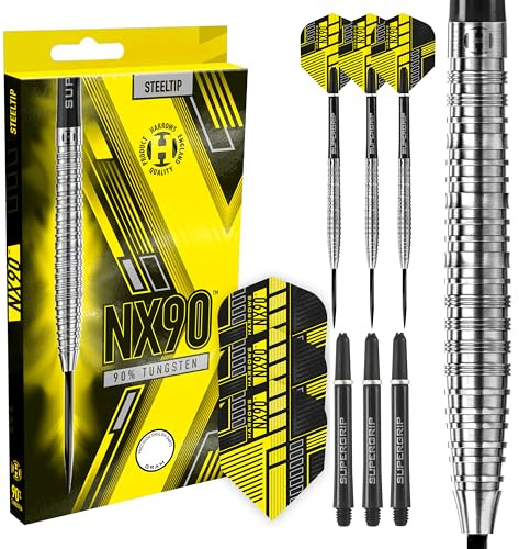 Harrows NX90 90% Tungsten Darts | Darts-Set mit Stahlspitze| 21g, 22g, 23g, 24g, 25g & 26g | Enthält Supergrip-Schäfte und 100-Mikron-NX90-Flüge
