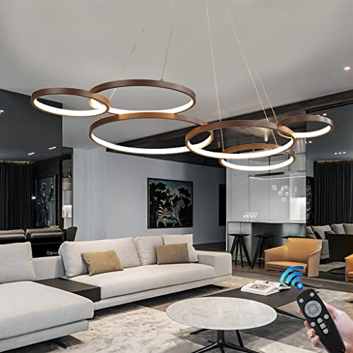 FWX Luminaire Suspendu LED Grand Lustre de Table d'intérieur Hauteur réglable Suspension Lampe de Salon Dimmable avec télécommande Lampes à Anneaux Modernes en Aluminium Plafonnier de café Restaurant