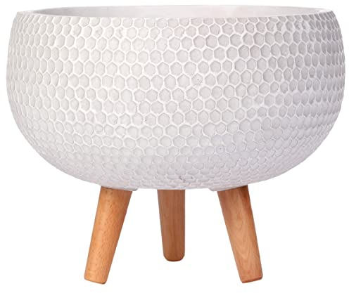 IDEALIST 23cm Honeycomb White Reinforced Stone Bowl Planter | Large Bonsai Pot on Legs | Indoor Plant Pot D23 H25 cm, 6 litres
