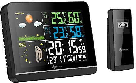 Miraval Funk-Wetterstation: Hygro- & Thermometer innen/außen, Farbdisplay, Uhrzeit- und Datumsanzeige, Wochentag, Mondphase, 2 Alarme, Außensensor, 8 Sprachen einstellbar