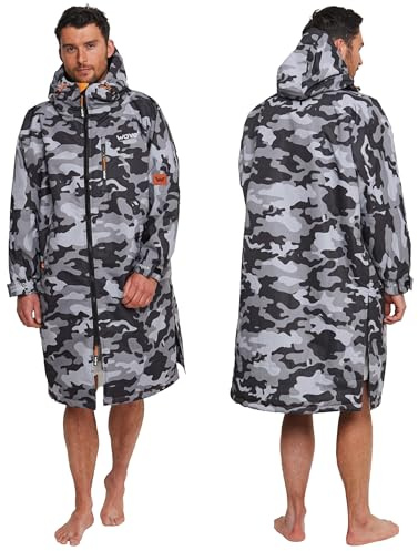 WAVE Oversized Waterproof Changing Robe | Fleece-Lined Quick-Dry Swim Parka | Wind & Waterproof with Sealed Pockets | Unisex | Gray Camouflage | Medium
